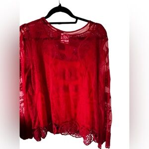 Bedford Fair Red Lace Top with Built InTank Top Sz Large
